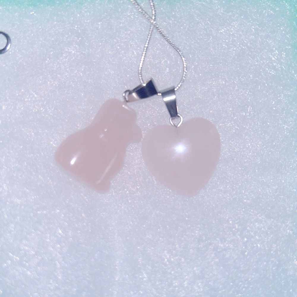Boho Hippie Rose Quartz Crystal Dog and Heart Sterling Silver Necklace 16”
